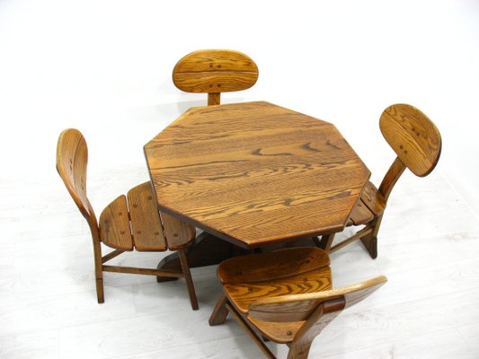 French Modern 3-Legged Chairs & Table in Solid Oak, 1970s, Set of 5-WVA-716662