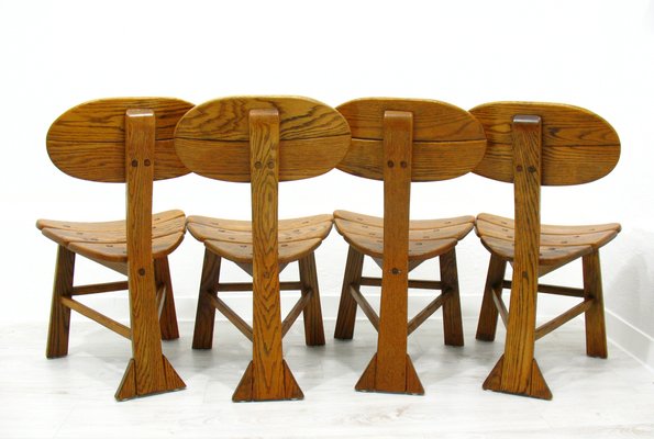 French Modern 3-Legged Chairs & Table in Solid Oak, 1970s, Set of 5-WVA-716662