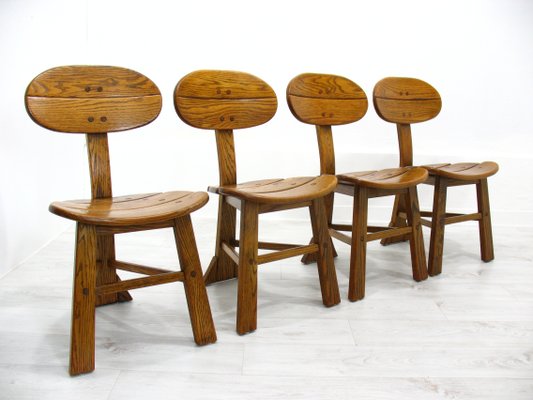 French Modern 3-Legged Chairs & Table in Solid Oak, 1970s, Set of 5-WVA-716662