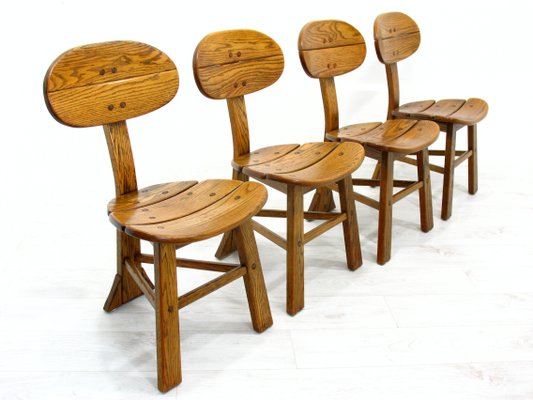 French Modern 3-Legged Chairs & Table in Solid Oak, 1970s, Set of 5-WVA-716662