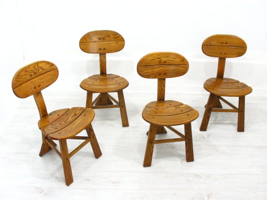 French Modern 3-Legged Chairs & Table in Solid Oak, 1970s, Set of 5-WVA-716662