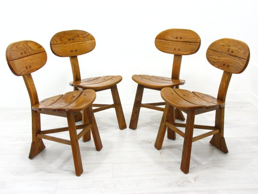 French Modern 3-Legged Chairs & Table in Solid Oak, 1970s, Set of 5-WVA-716662