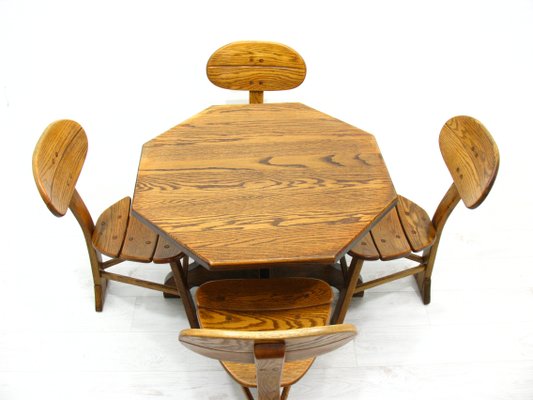 French Modern 3-Legged Chairs & Table in Solid Oak, 1970s, Set of 5-WVA-716662