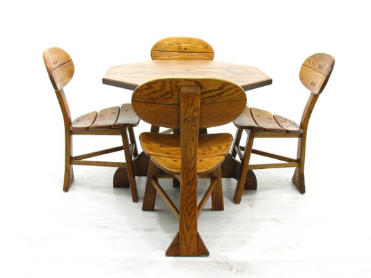 French Modern 3-Legged Chairs & Table in Solid Oak, 1970s, Set of 5-WVA-716662