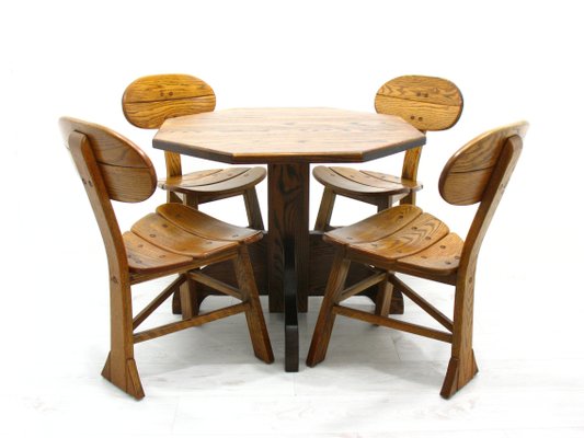 French Modern 3-Legged Chairs & Table in Solid Oak, 1970s, Set of 5-WVA-716662