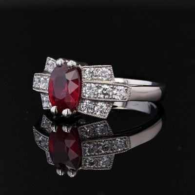 French Modern Art Deco Ruby Diamonds Platinum Ring, 2022-OLU-1452040