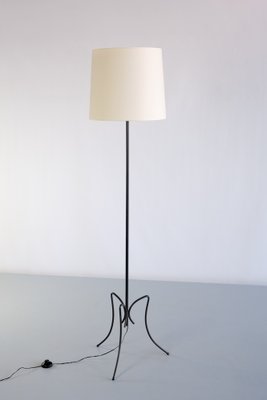 French Modern Black Iron and Ivory Shade Three Legged Floor Lamp, 1950s-FMT-1275186