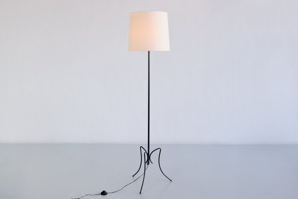 French Modern Black Iron and Ivory Shade Three Legged Floor Lamp, 1950s-FMT-1275186