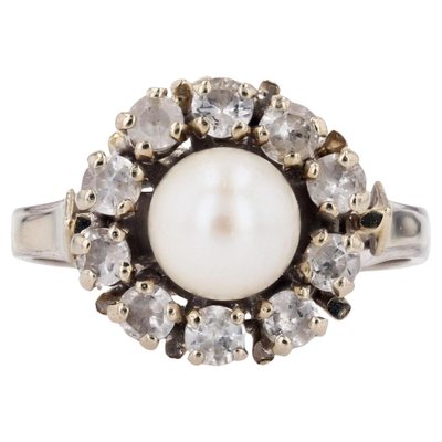 French Modern Cultured Pearl and White Sapphires 18 Karat White Gold Daisy Ring-OLU-1804876