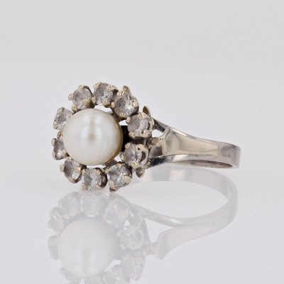 French Modern Cultured Pearl and White Sapphires 18 Karat White Gold Daisy Ring-OLU-1804876