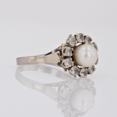 French Modern Cultured Pearl and White Sapphires 18 Karat White Gold Daisy Ring-OLU-1804876