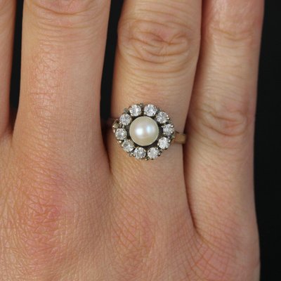 French Modern Cultured Pearl and White Sapphires 18 Karat White Gold Daisy Ring-OLU-1804876