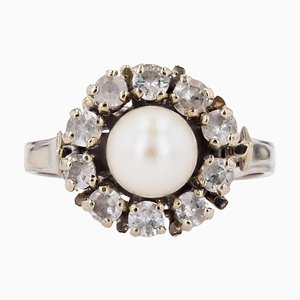 French Modern Cultured Pearl and White Sapphires 18 Karat White Gold Daisy Ring-OLU-1804876