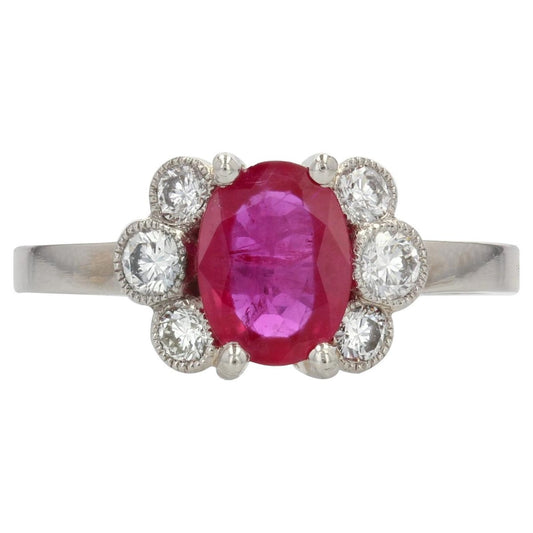 French Modern Ruby with Diamonds & Platinum Engagement Ring