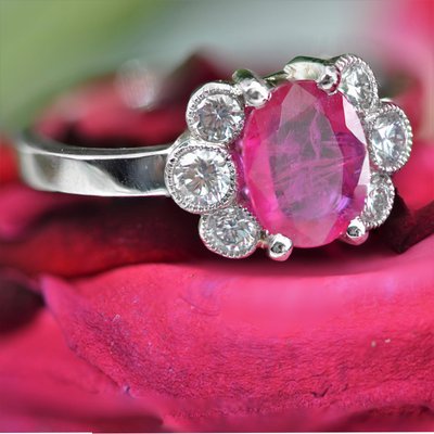 French Modern Ruby with Diamonds & Platinum Engagement Ring-OLU-1335858