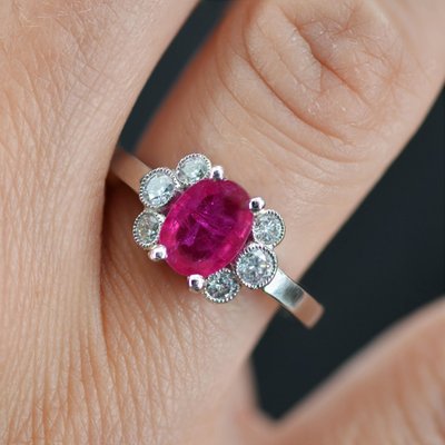 French Modern Ruby with Diamonds & Platinum Engagement Ring-OLU-1335858