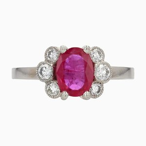 French Modern Ruby with Diamonds & Platinum Engagement Ring-OLU-1335858