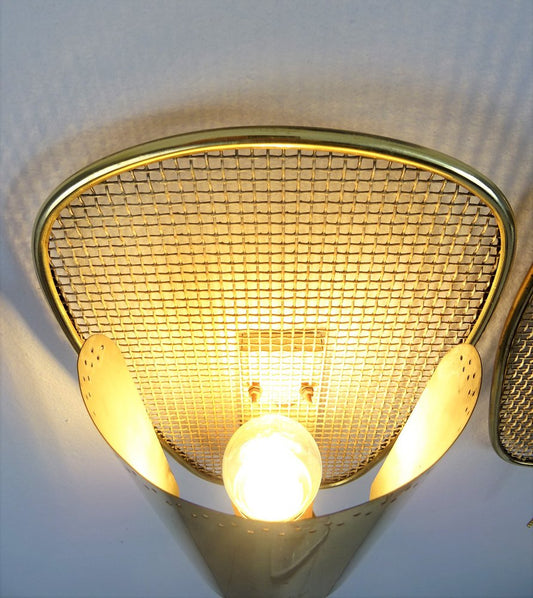 French Modern Sconces in Golden Curved and Perforated Brass, 1950, Set of 2