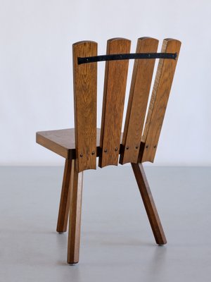 French Modern Tripod Dining Chairs in Oak with Fan Shaped Back, 1950s, Set of 4-FMT-1373033