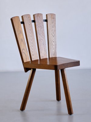 French Modern Tripod Dining Chairs in Oak with Fan Shaped Back, 1950s, Set of 4-FMT-1373033