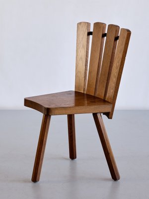 French Modern Tripod Dining Chairs in Oak with Fan Shaped Back, 1950s, Set of 4-FMT-1373033