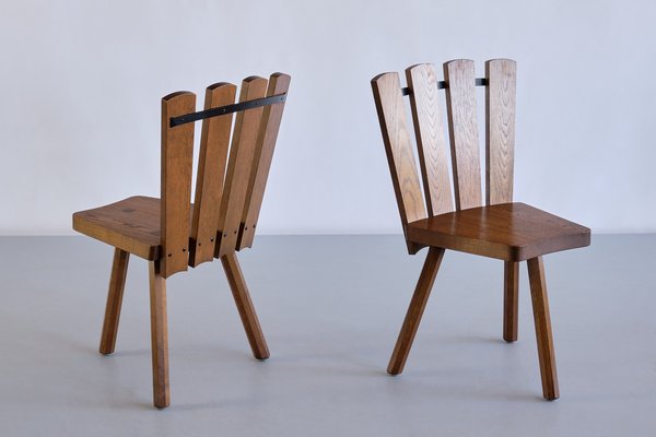 French Modern Tripod Dining Chairs in Oak with Fan Shaped Back, 1950s, Set of 4-FMT-1373033