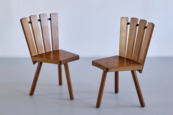 French Modern Tripod Dining Chairs in Oak with Fan Shaped Back, 1950s, Set of 4-FMT-1373033