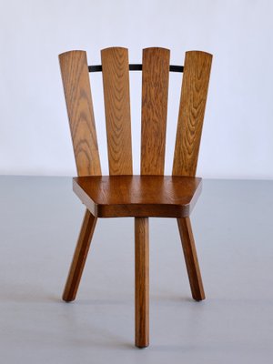 French Modern Tripod Dining Chairs in Oak with Fan Shaped Back, 1950s, Set of 4-FMT-1373033