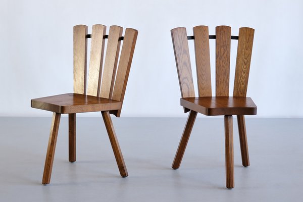 French Modern Tripod Dining Chairs in Oak with Fan Shaped Back, 1950s, Set of 4-FMT-1373033