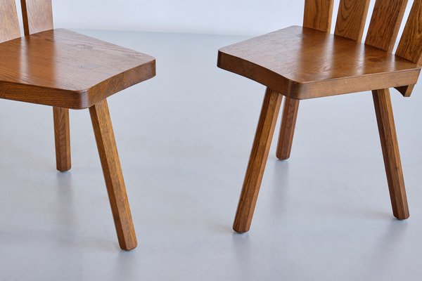 French Modern Tripod Dining Chairs in Oak with Fan Shaped Back, 1950s, Set of 4-FMT-1373033