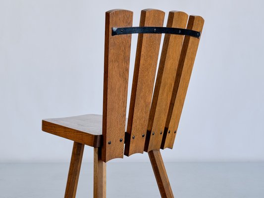 French Modern Tripod Dining Chairs in Oak with Fan Shaped Back, 1950s, Set of 4-FMT-1373033