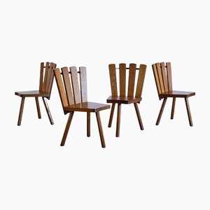 French Modern Tripod Dining Chairs in Oak with Fan Shaped Back, 1950s, Set of 4-FMT-1373033