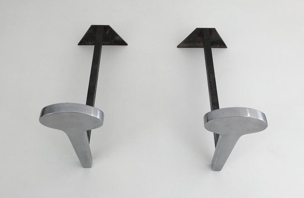 French Modernist Chromed Steel and Iron Andirons, 1970s, Set of 2-BA-658266