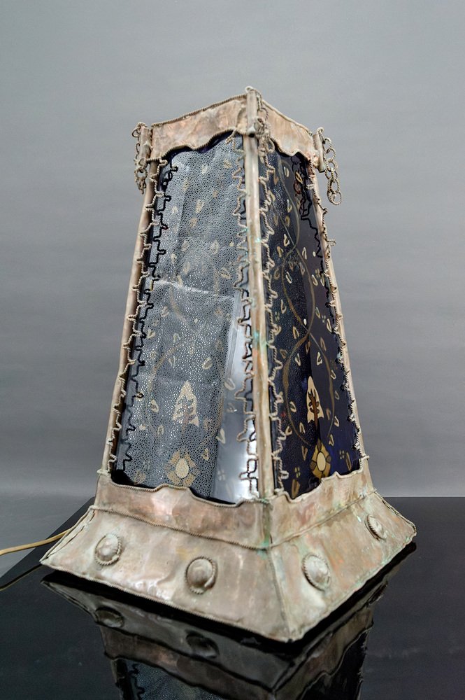 French Moorish Style Lamp in Patinated Copper and Painted Glass, 1950s