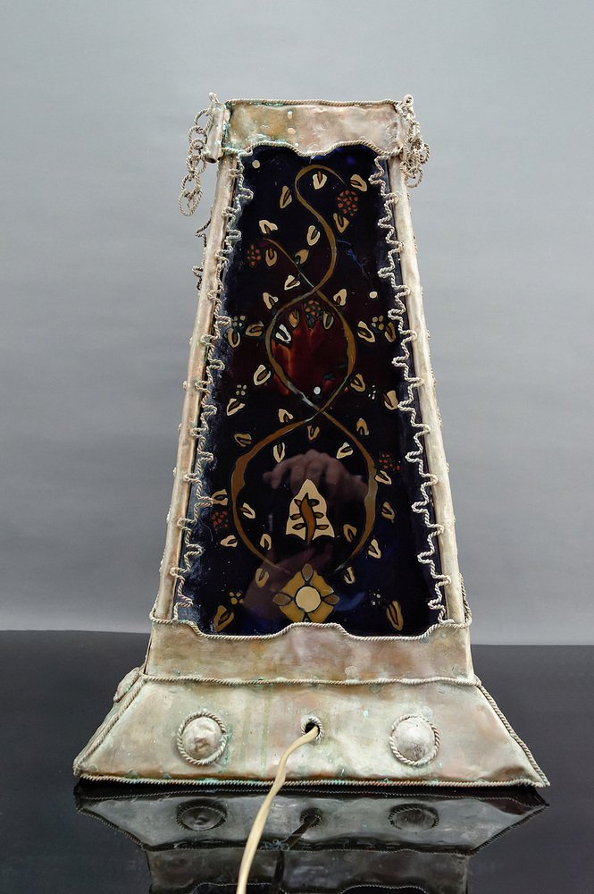 French Moorish Style Lamp in Patinated Copper and Painted Glass, 1950s