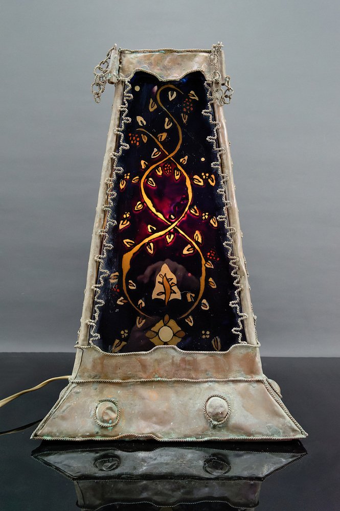 French Moorish Style Lamp in Patinated Copper and Painted Glass, 1950s