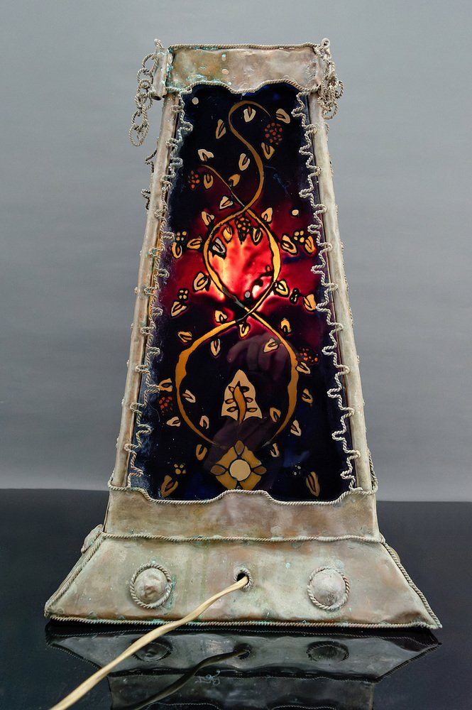 French Moorish Style Lamp in Patinated Copper and Painted Glass, 1950s