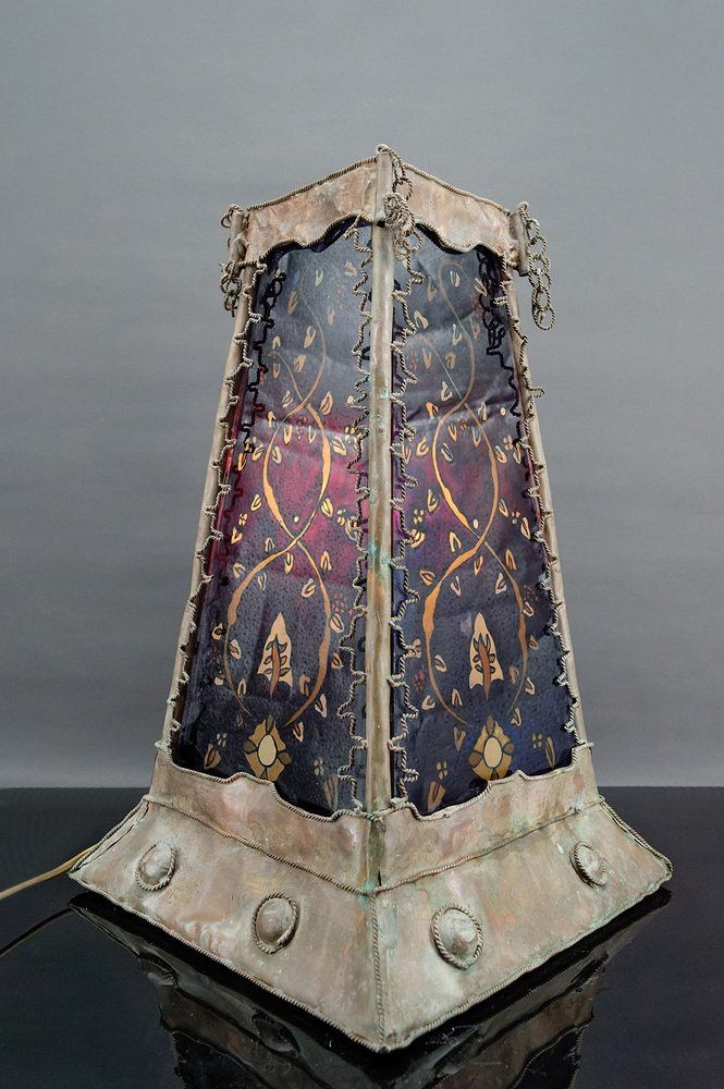 French Moorish Style Lamp in Patinated Copper and Painted Glass, 1950s