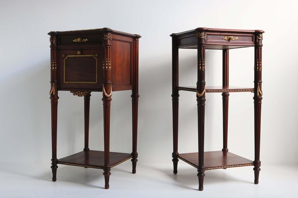 French Napoleon III Nightstands / Bedside Tables in Mahogany, Bronze & Marble, 1860, Set of 2-WIP-2041195