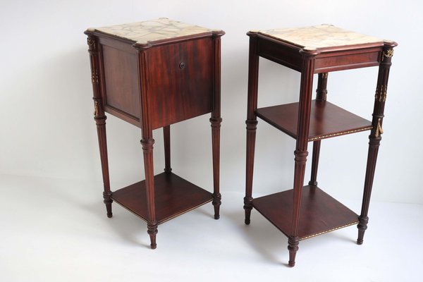 French Napoleon III Nightstands / Bedside Tables in Mahogany, Bronze & Marble, 1860, Set of 2-WIP-2041195