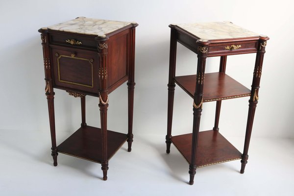 French Napoleon III Nightstands / Bedside Tables in Mahogany, Bronze & Marble, 1860, Set of 2-WIP-2041195