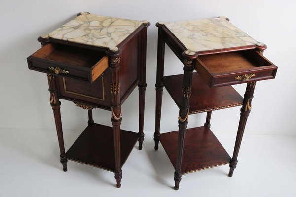 French Napoleon III Nightstands / Bedside Tables in Mahogany, Bronze & Marble, 1860, Set of 2-WIP-2041195