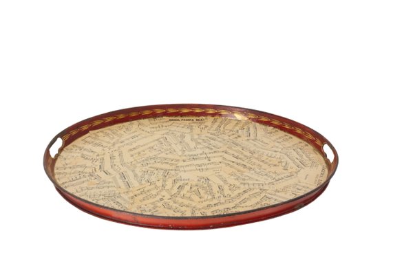 French Napoleon III Oval Brass Tray With Music Paper, 1880s-RIU-1250249