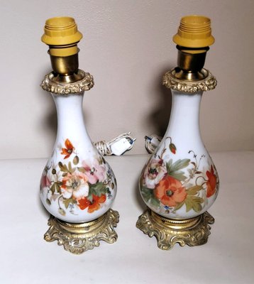 French Napoleon III Style Hand Painted Opaline Glass Oil Lamps, Set of 2-QRS-1091557