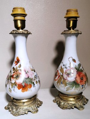 French Napoleon III Style Hand Painted Opaline Glass Oil Lamps, Set of 2-QRS-1091557