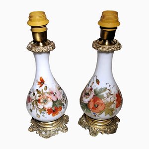 French Napoleon III Style Hand Painted Opaline Glass Oil Lamps, Set of 2-QRS-1091557