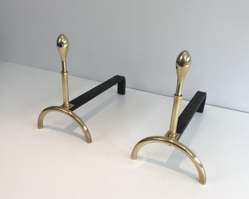 French Neo-Classical Style Brass and Iron Andirons, 1970s, Set of 2-BA-658287