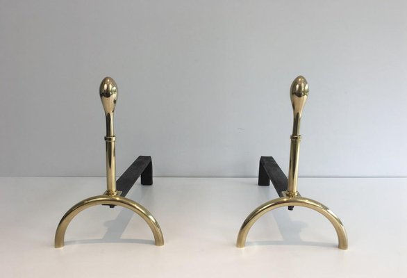 French Neo-Classical Style Brass and Iron Andirons, 1970s, Set of 2-BA-658287