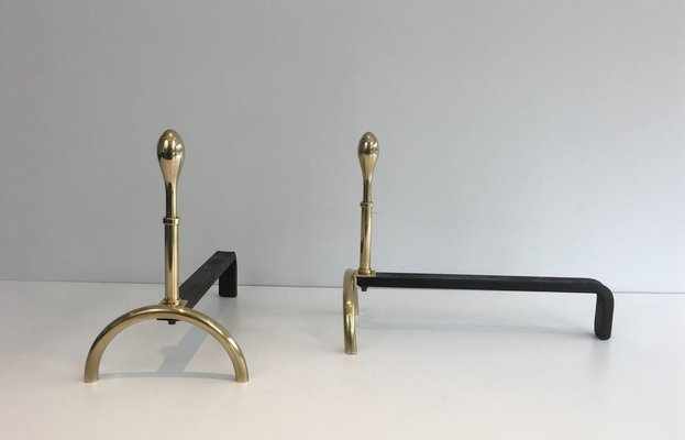 French Neo-Classical Style Brass and Iron Andirons, 1970s, Set of 2-BA-658287