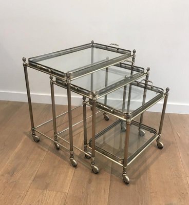 French Neo-Classical Style Silvered Brass Nesting Tablers on Casters from Maison Bagués, 1940s, Set of 3-BA-658341